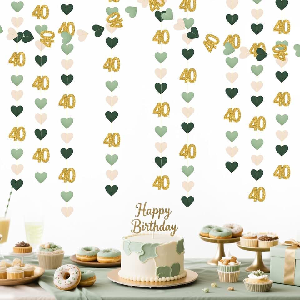 Sage Green Gold 40th Birthday Decorations Sage Green Gold Heart Garland Streamer Banner Backdrop for Women Happy 40th Birthday Vintage 1986 Cheers to 40 Years Old Fabulous Anniversary Party Supplies