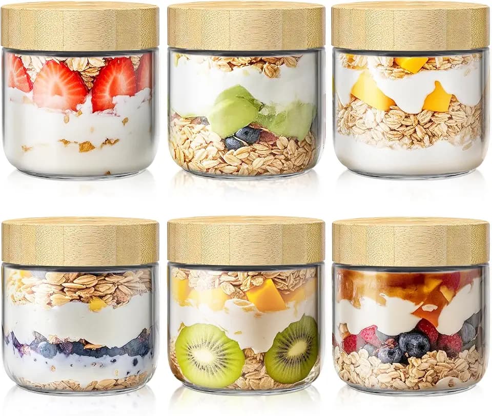 10 oz Overnight Oats Containers with Bamboo Lids, Glass Mason Jars 6 Pack