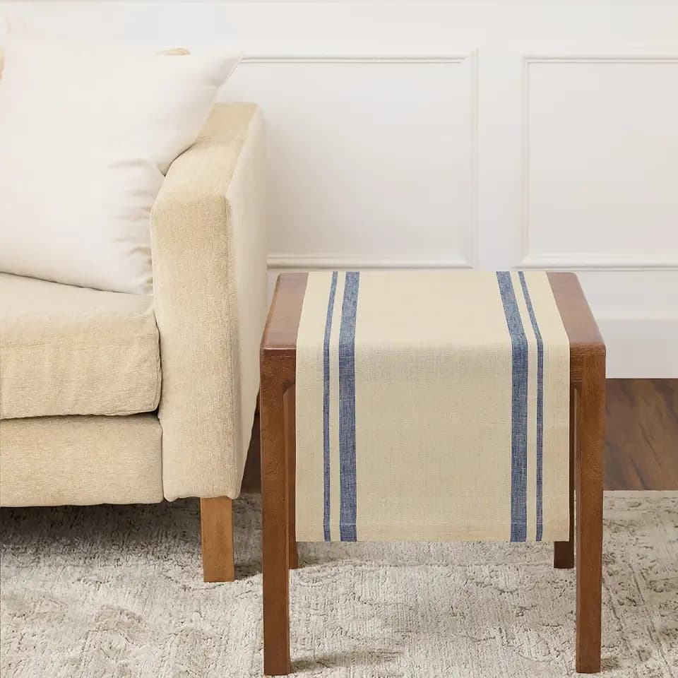 Solino Home 100% Linen Table Runner, 14 x 36 in, Navy and Natural Striped