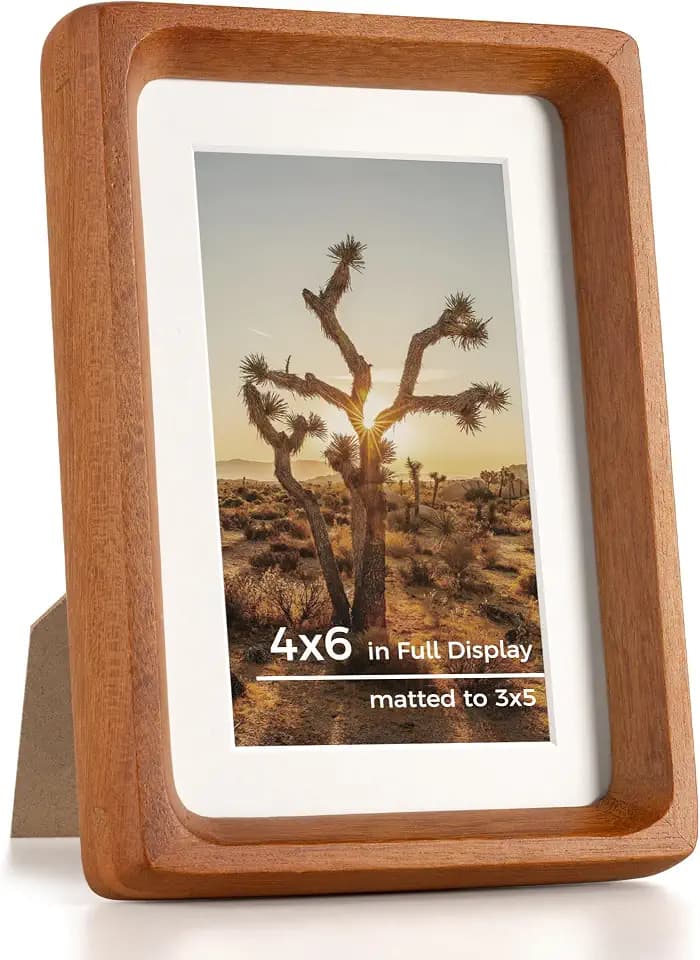RICHFOCUS 4x6 Picture Frame USA-Sourced Natural Teak Solid Wood Photo Frame Handcrafted Rounded Corner Wooden Frame with Real Glass Display Photos 3x5 with Mat or 4x6 Without Mat