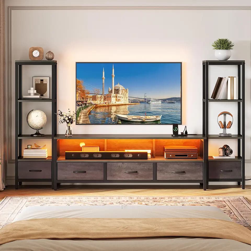 YITAHOME 65" LED TV Stand with 4-Tier Bookcase & Power, Living Room, Grey