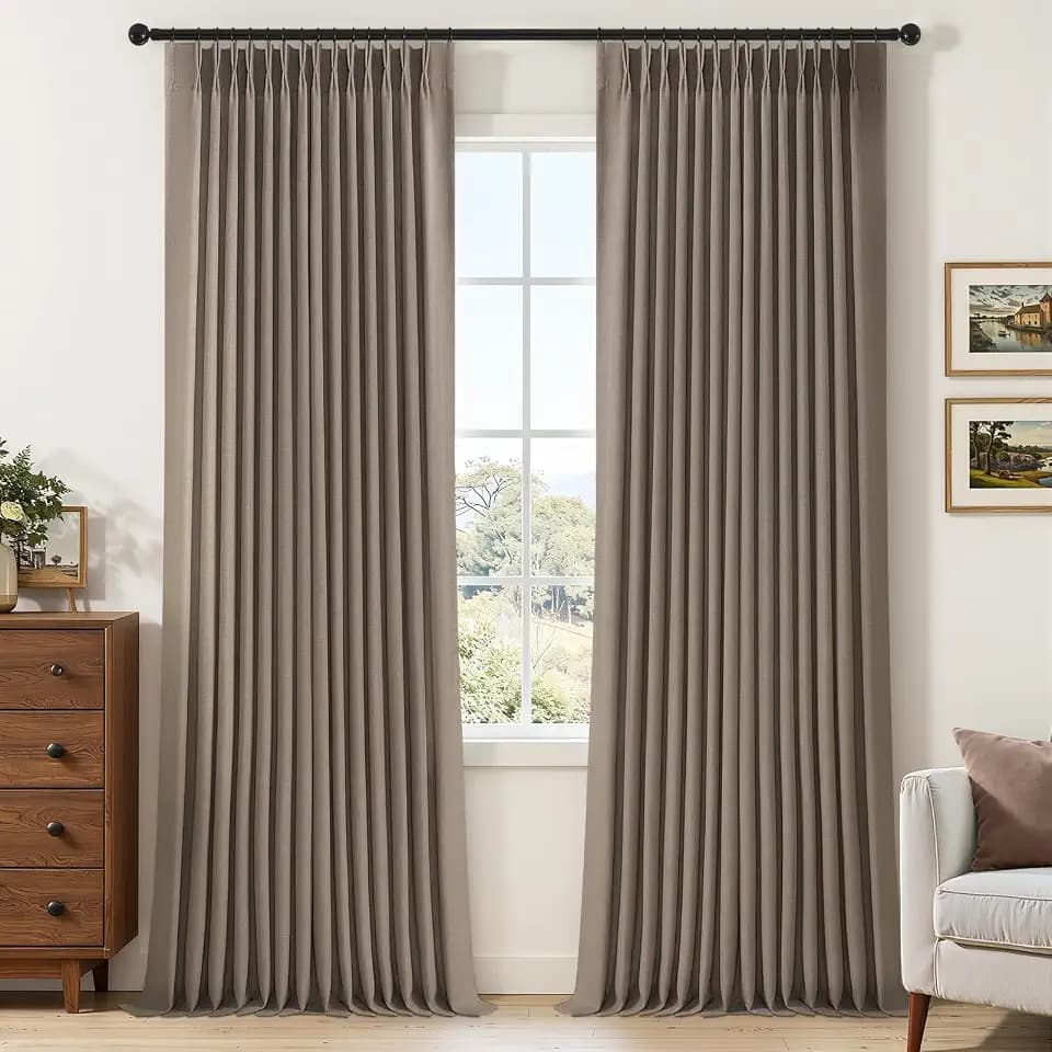 Dark Taupe Linen Sheer Curtains 96 Inches Long for Living Room 2 Panels Back Tab Pinch Pleated Drapes with Hooks Rings Light Filtering Burlap Farmhouse Ceiling Custom Made Memory Trained Curtain