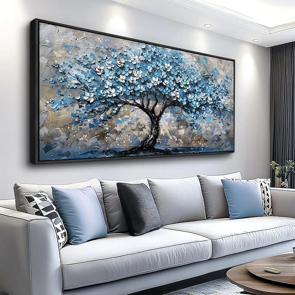 FUHAIHUA Large Black Framed Wall Decor For Living Room Canvas Wall Art For Office Modern Wall Decorations For Bedroom Blue Tree Painting Abstract Pictures Artwork Room Home Decor 24x48 In