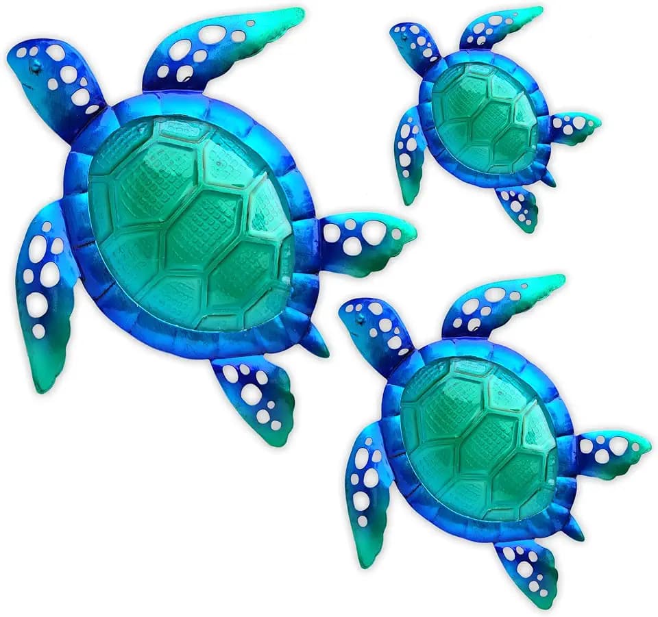 JOYBee Sea Turtle Wall Art Decor, Metal & Glass Sea Life Nautical Home Wall Hanging Decor,Ocean Theme Coastal Decorations for Indoor Outdoor Bathroom and Garden-Blue(Set of 3)