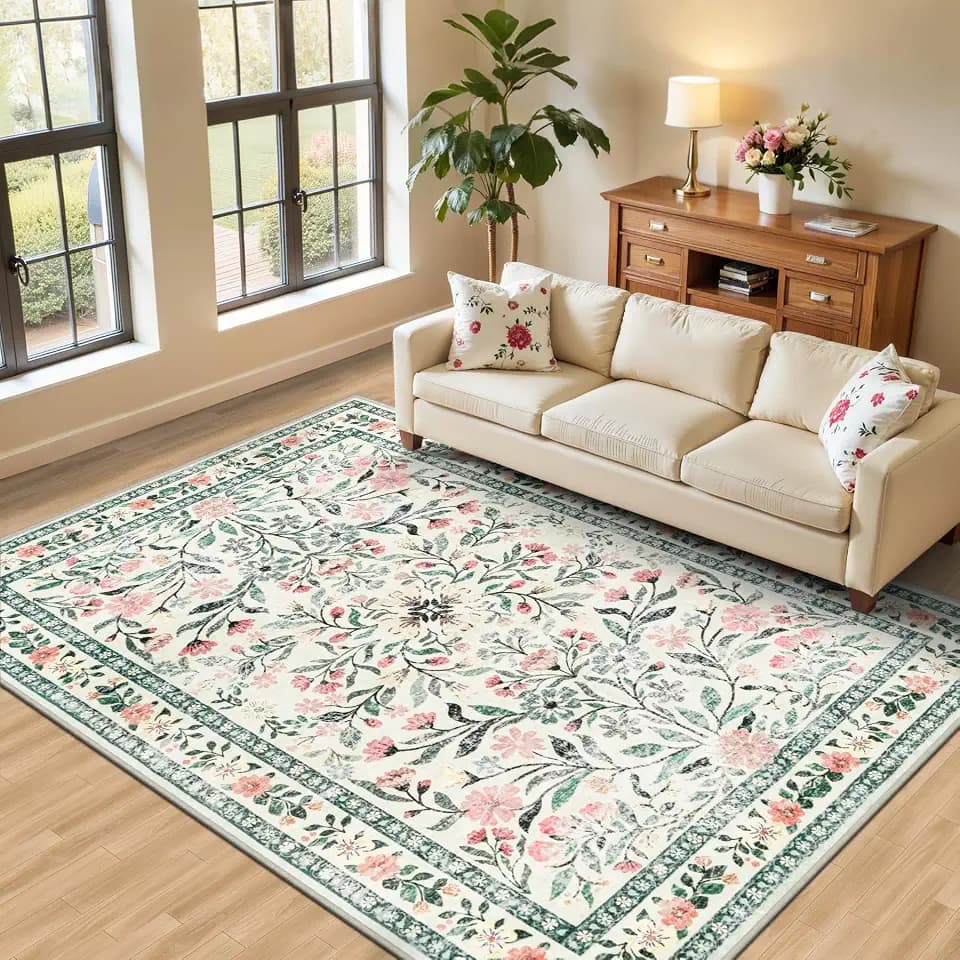 PLHXFR Area Rug Living Room: 5x7 Floral Washable Boho Carpet Green Beige
