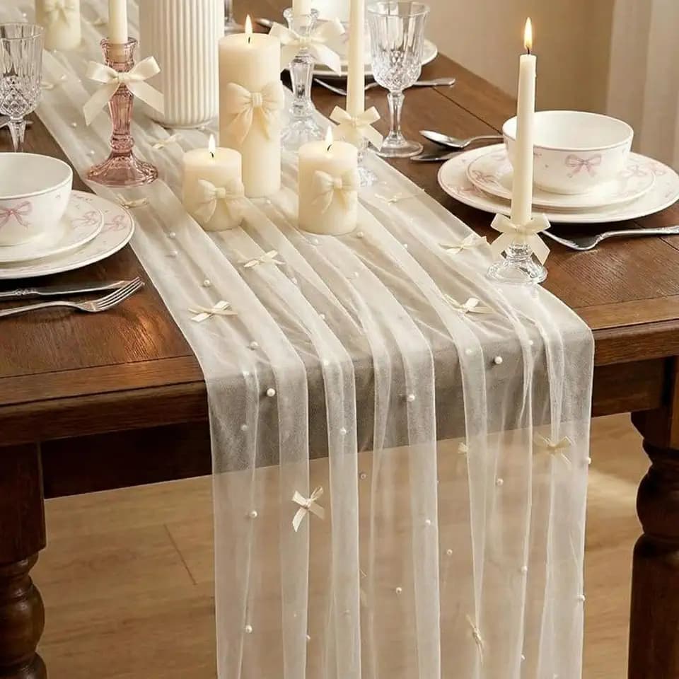White Bow Table Runner 30 x 120 Inch Pearl Tulle Table Decor