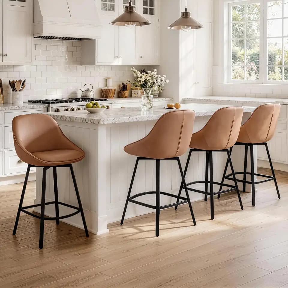 KISLOT 26'' Counter Height Stools Set of 4, Swivel Upholstered Faux Leather Barstools with Backs, Metal Legs for Kitchen Island, Brown PU