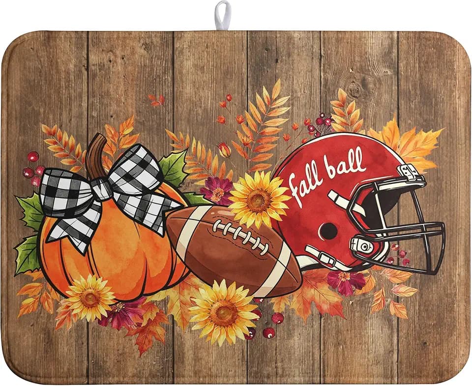 Fall Pumpkin Dish Drying Mats Thanksgiving Dish Mat Football Wood Drying Matt Dishes Dryer Pad for Kitchen Counter Absorbent Microfiber Washable Foldable Reusable 18x24 in
