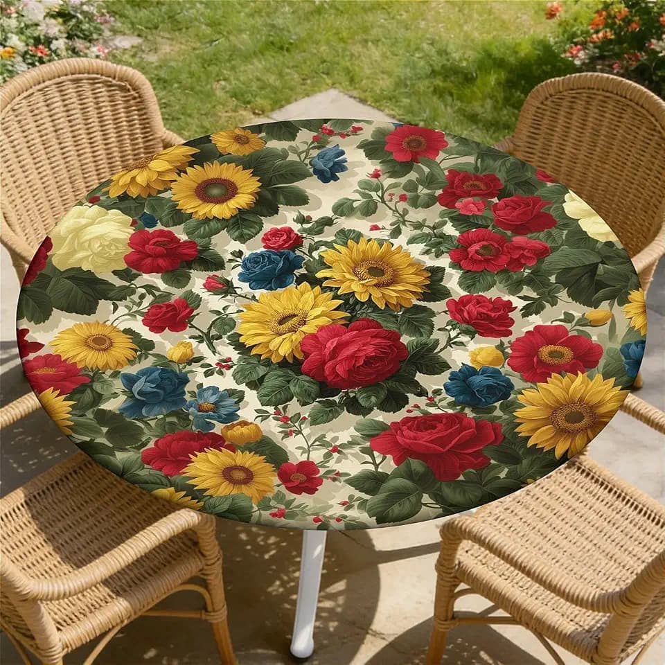 Round Fitted Tablecloth with Elastic Edge, Stain Resistant Waterproof Fabric Table Cover for 53"-60" Round Table, Indoor Outdoor Dining, Kitchen Decor, Camping, Holiday, Party, Rustic Floral
