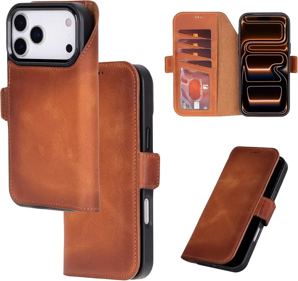 Bayelon Leather Folio Case for iPhone 17 Pro 6.3", Flip Cover Card Holder, Genuine Leather Case, Folio Wallet Case, MagSafe Compatible Shockproof Flip Cover, Rfid Blocking -Vintage Brown