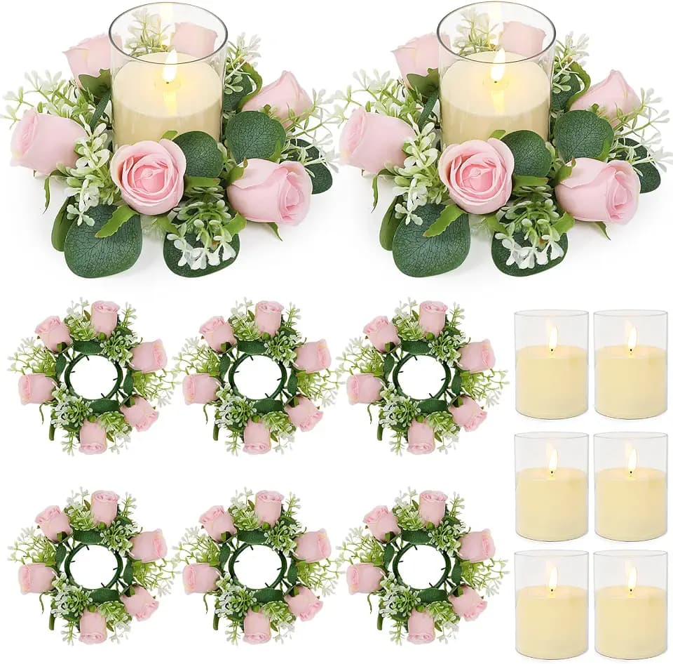 Pink Rose Candle Rings with Flameless Candles Sets - 12PCS Artificial Flower Eucalyptus Wedding Centerpiece 3 Inch Pillar Candleholders Wreaths for Wedding Party Decor (Pink - 6 Sets)