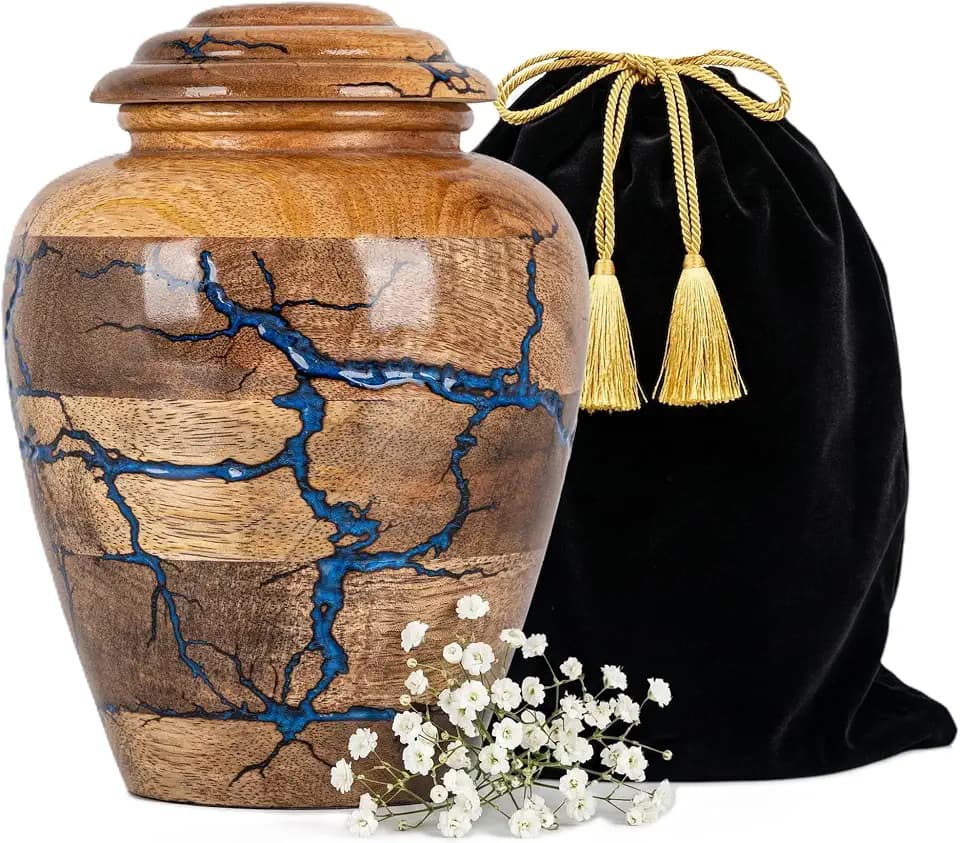 Wooden Cremation Urns for Human Ashes - 80 Cubic Inches Funeral Memorial Urn for Adult Women & Men - Blue Decorative, Burial Urn for Male or Female Memorial Display