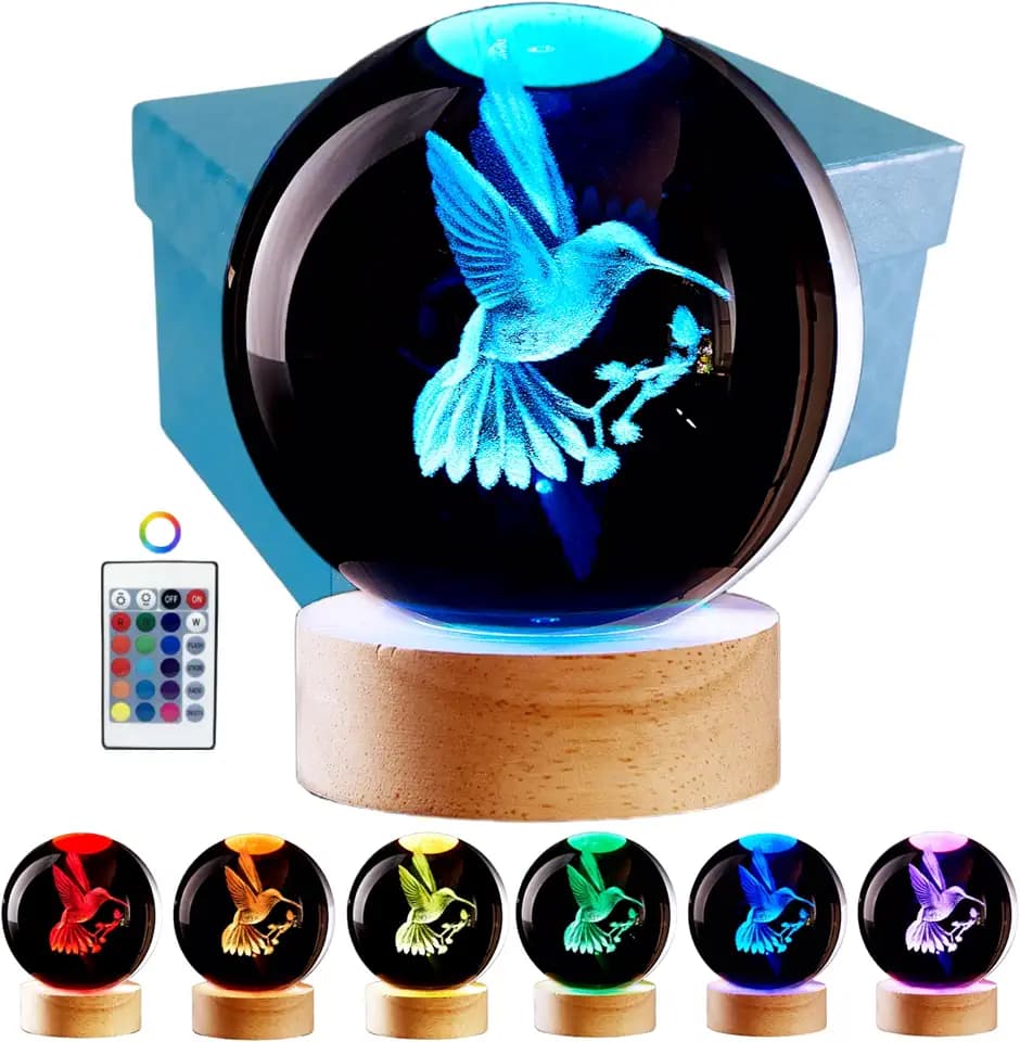 3D Hummingbird Crystal Ball Lamp,Lifelike 3D LED Bird Night Light,16 Colors Changing Light,Dimmable Remote Control,Desk Hummingbird lamp (Bird)