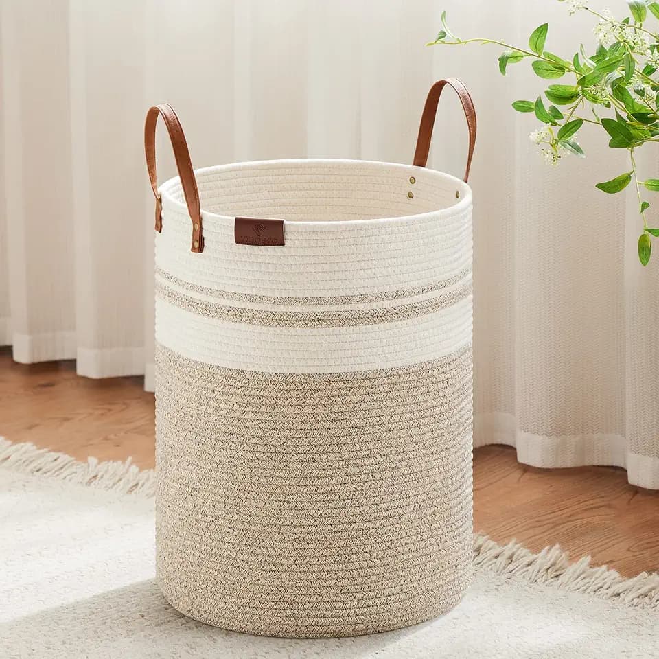 VIPOSCO 58L Tall Woven Rope Laundry Hamper, Leather Handles, Brown & White