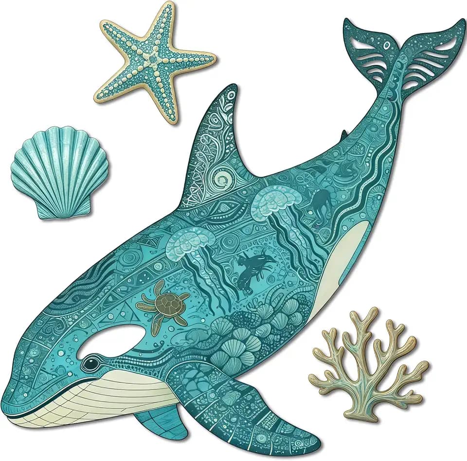 Wooden Hollow Laser Cut Whale Wall Art, 11.8" Orca Ocean Animal Undersea World Print Coastal Themed Hanging Sign for Bedroom Kidroom Nursery Pool Lake, Special Ocean Inspired Seaside Decor
