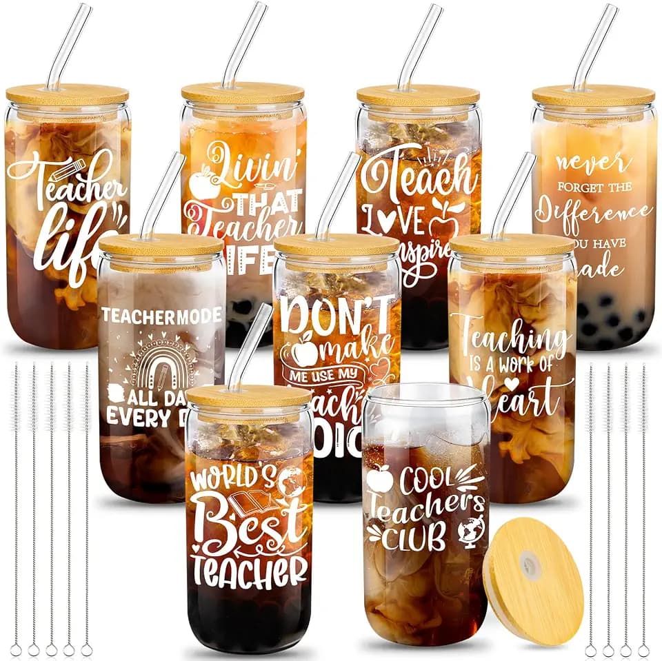 FoldTier 9 Sets Teacher Appreciation Gifts Bulk Thank You Glass Cups 16 oz Tumbler Cup with Lids Straws Brushes Reusable Water Bottle Graduation Teacher Gift(Meaningful Style)