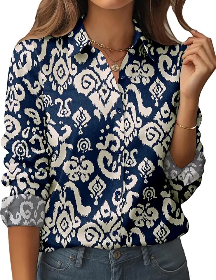 siliteelon Women Button Down Shirts Dress Shirts Long Sleeve Classic-Fit Cotton Floral Print Women Shirt XL