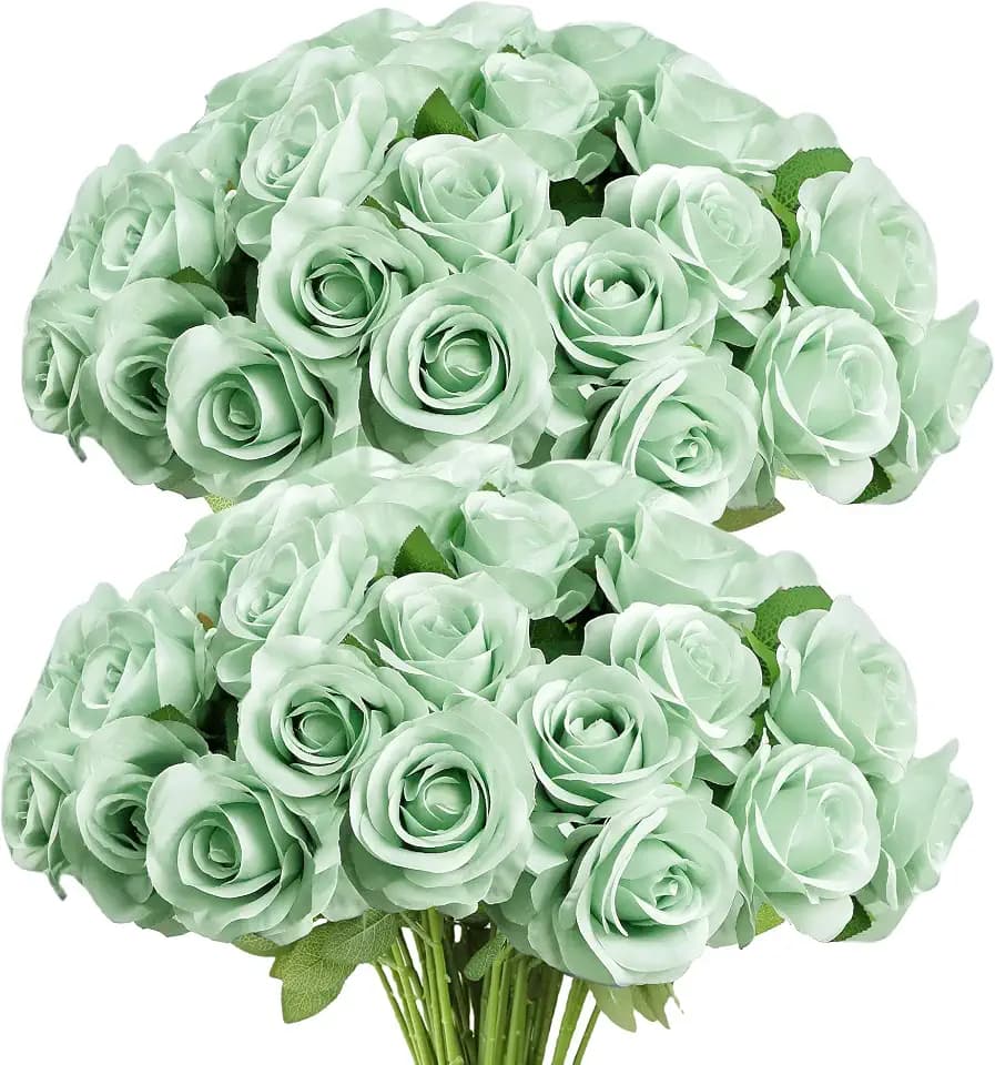 Artificial 50 Pcs Light Green Fake Roses Artificial Flowers Faux Roses