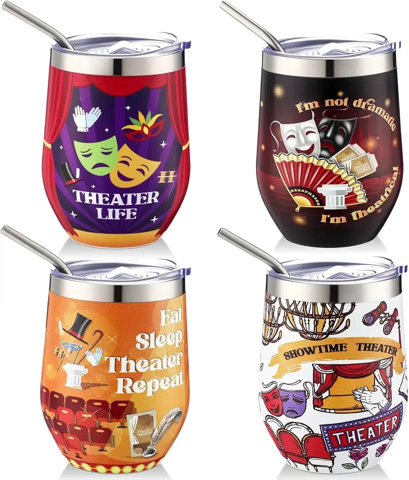 Patelai 4 Pack Musical Theater Gifts Tumbler, 12 oz Stainless Steel Insulated Cup with Lid, Christmas Birthday Gifts for Drama Lovers Actors Friends