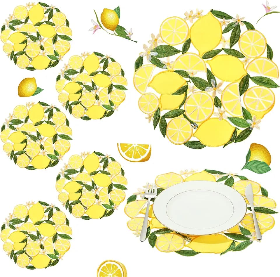 Yingzhao 6 Pcs Lemon Placemats Round Yellow Summer Table Placemats
