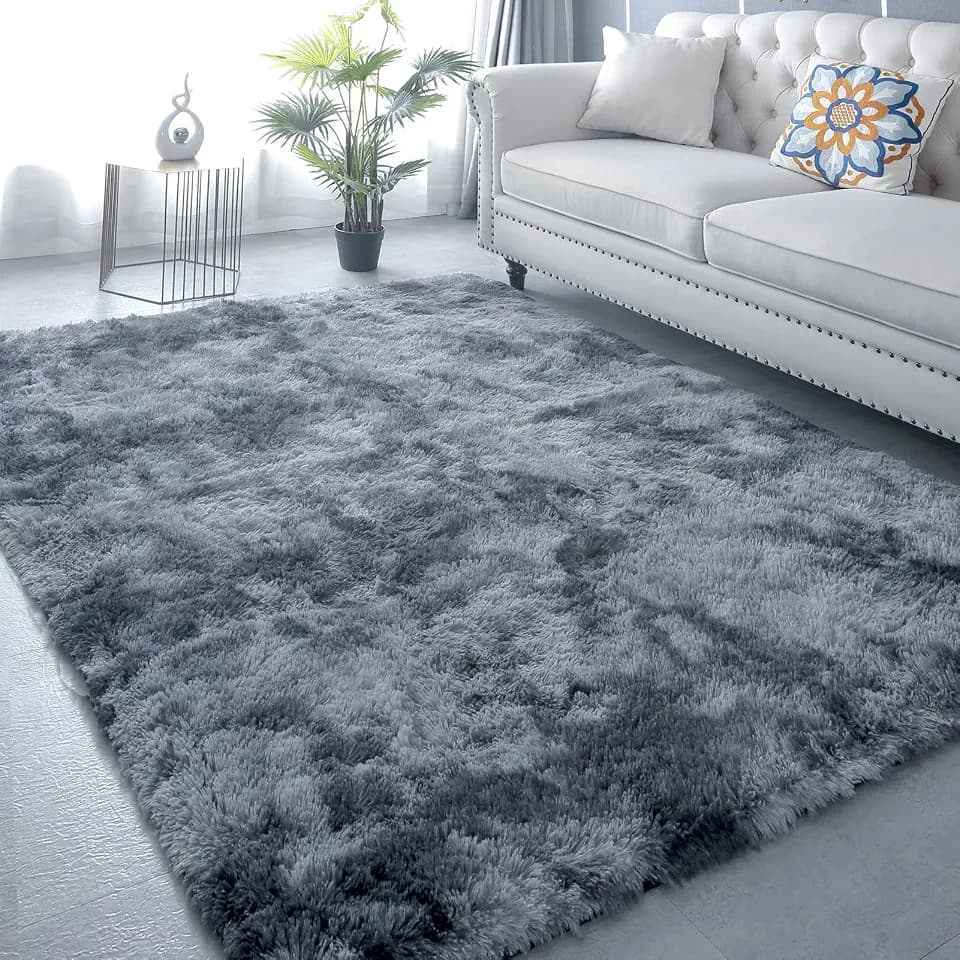 Shag Area Rug 9x12 for Living Room - Large Soft Carpet Tie-Dyed Dark Gray