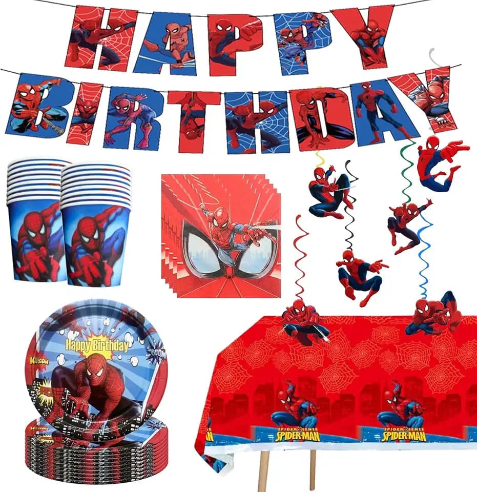 68PCS Spidey Birthday Decorations: 20 Plates, 20 Napkins, 20 Cups, 1 "Happy Birthday" Banner, 6 Hanging Swirls, 1 Tablecover