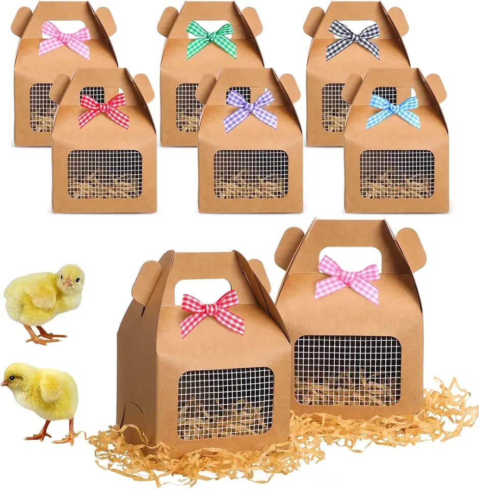 Maitys 36 Pcs Chicken Birthday Party Favor Boxes Farm Animal Foldable Chicken Box with Raffia Grass Bow Paper Treat Goodie Boxes for Adopt Chick Party Birthday, 3.94'' X 3.35'' X 3.15'', Classic