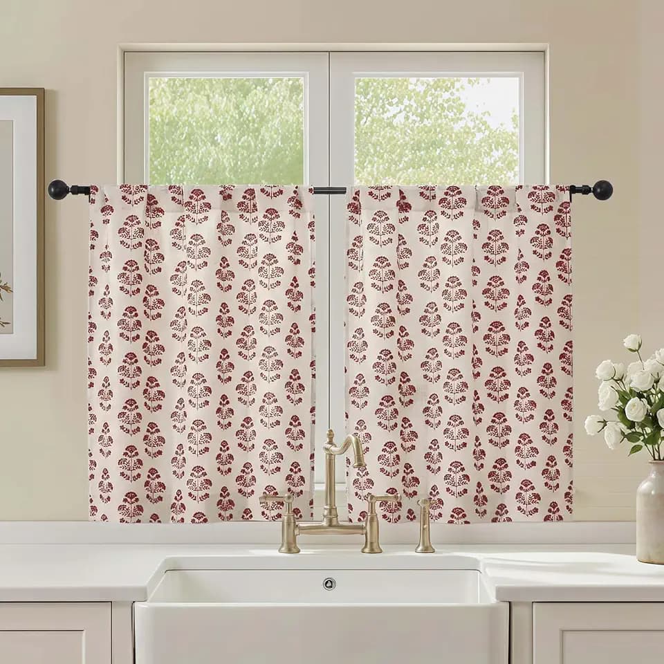 Floral Curtains for Windows - 30 Inch Boho Cafe Tier Curtains, Wine Faux Linen Light Filtering Small Window Treatments Over Sink Oven Basement RV Camper, Rod Pocket 2 Panels
