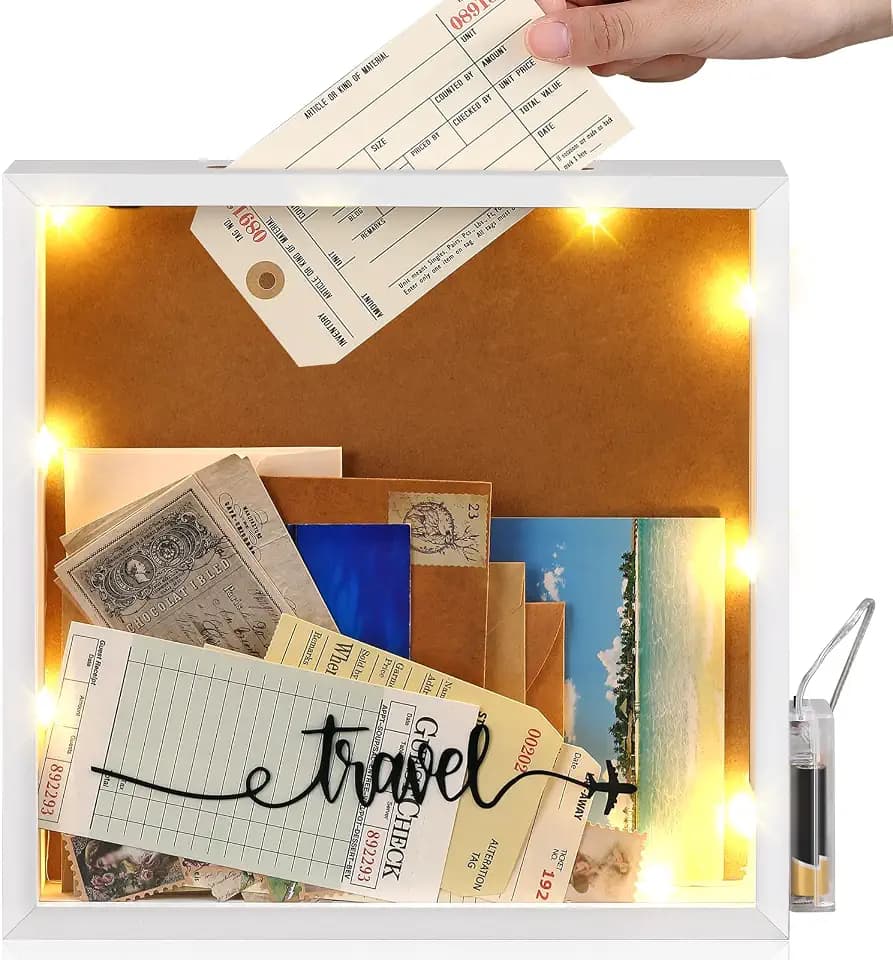 Sieral Travel Adventure Archive Shadow Box with LED Lights 12x12 in Frame Memory Shadow Keepsake Box with Slot on Top for Graduation Travel Ticket Honeymoon Fund Road Trip Father Gift(White)