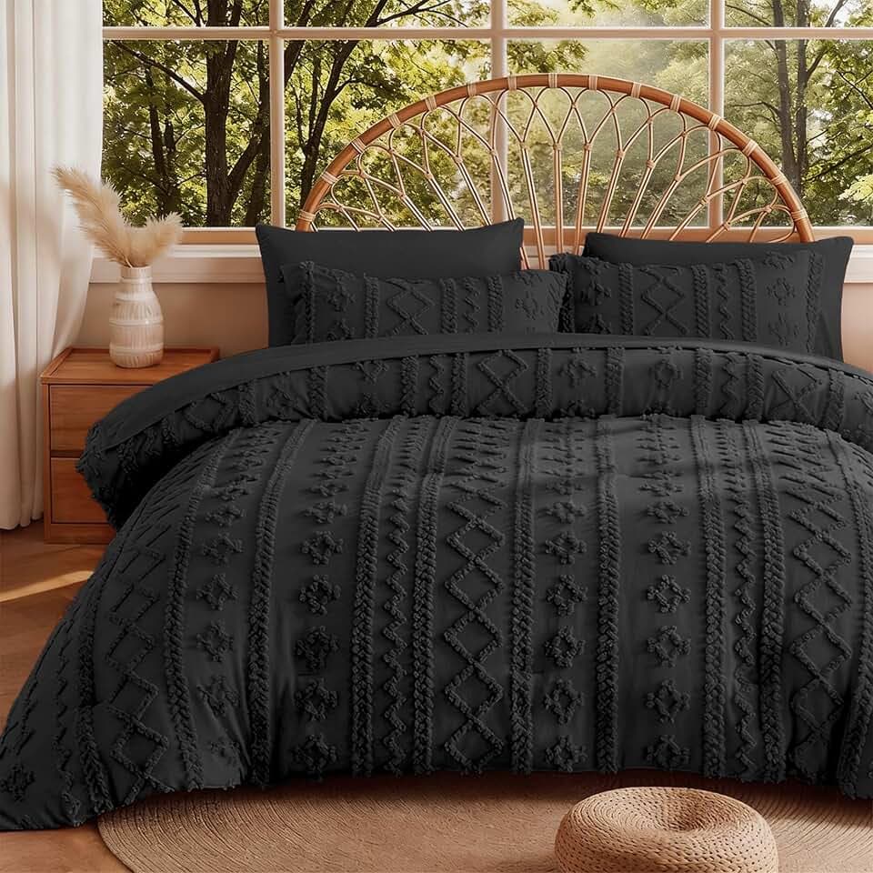 MR&HM King Size Comforter Set 7 Pieces, Farmhouse Boho Tufted Bed Set Black