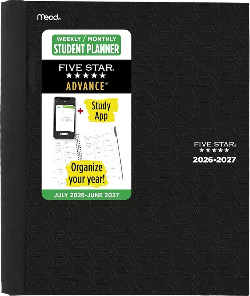 Five Star Planner 2026-2027 Weekly & Monthly Academic 12-Month July-June Advance Student Planner + Study App, 8-1/2" x 11", Black (CAW65905)