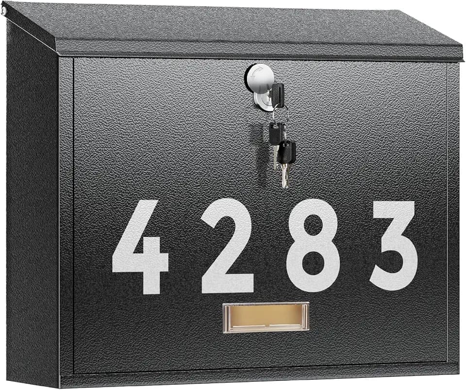 LAND·VOI Locking Wall-Mount Mailbox for Outside, with 4 Keys, Galvanized Steel Rustproof Metal Postbox, 4" Dx13.8 Wx11.2 H, Includes 3 Sets of Mailbox Numbers, Nameplate, Black, AMB33B