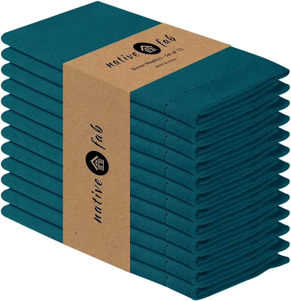 Native Fab Set of 12 Cloth Napkins Hemstitch Corners, 100% Cotton, 18x18 inch, Soft, Absorbent, Reusable, Easy Care, Restaurant Hotel Quality - Wedding, Events, Lunch, Dinner Napkins - Teal Green