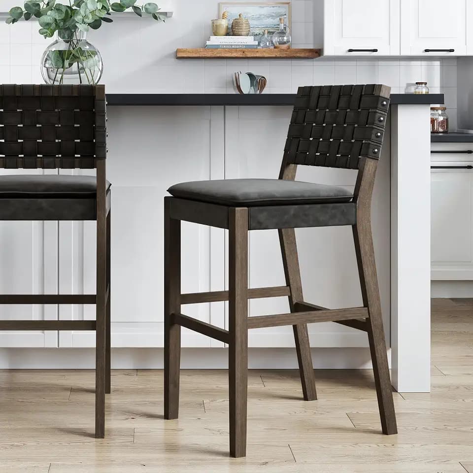 Nathan James Cohen Mid-Century Modern 29 in. Wood Bar Stool, Upholstered Faux Suede Bar Height Stool with Solid Wood Frame, Black