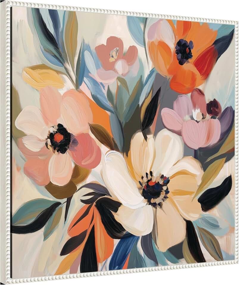 Kate and Laurel Sylvie Garden Bloom Abstract Bouquet I Framed Canvas Wall Art by The Creative Bunch Studio 30 x 30 Beaded White, Modern Contemporary, Abstract, Flowers, Nature Decor, Living Room