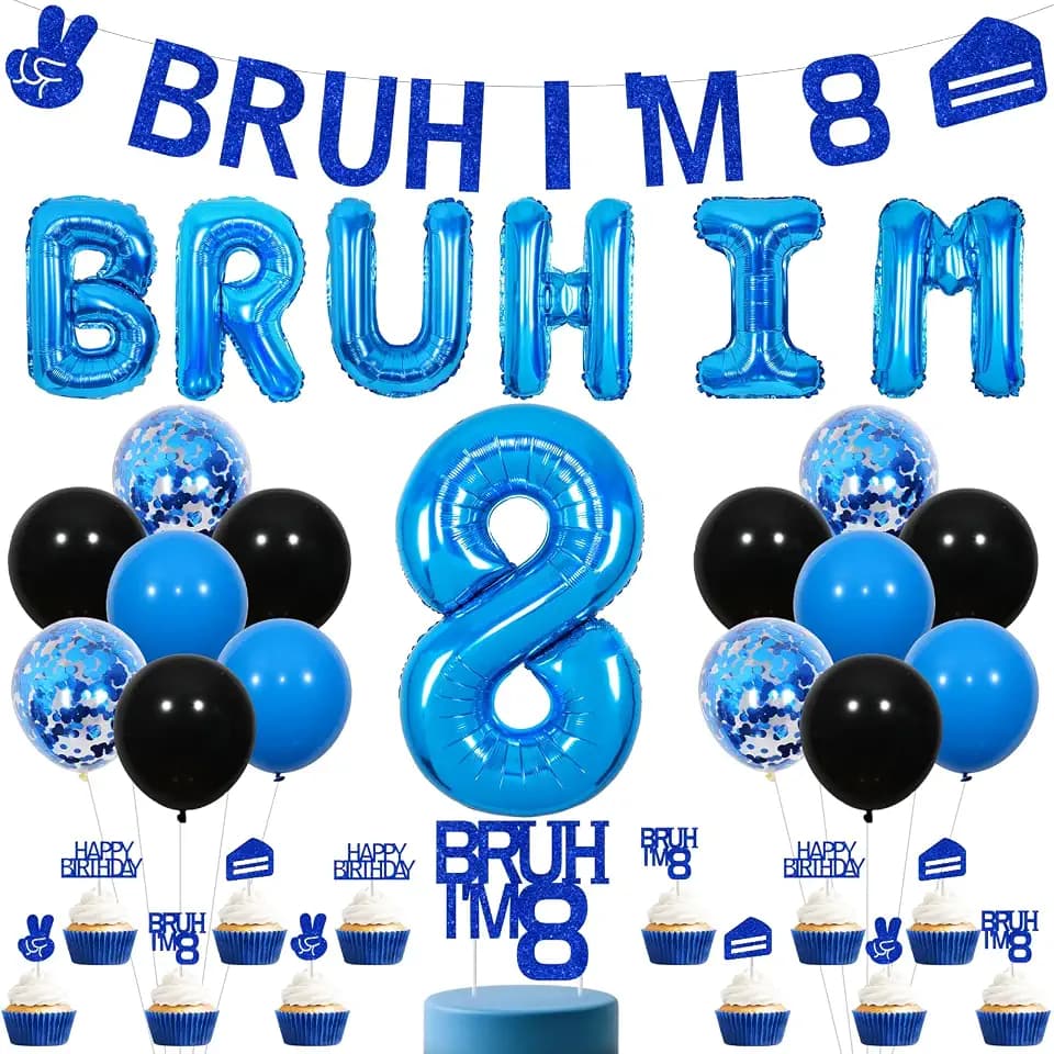 Sursurprsie Bruh It’s My 8th Birthday Decorations, Blue Bruh I’m 8 Banner Balloon Cake Topper Cupcake Toppers, Bro I’m 8 Decor, Funny 8 Years Old Birthday Party Supplies