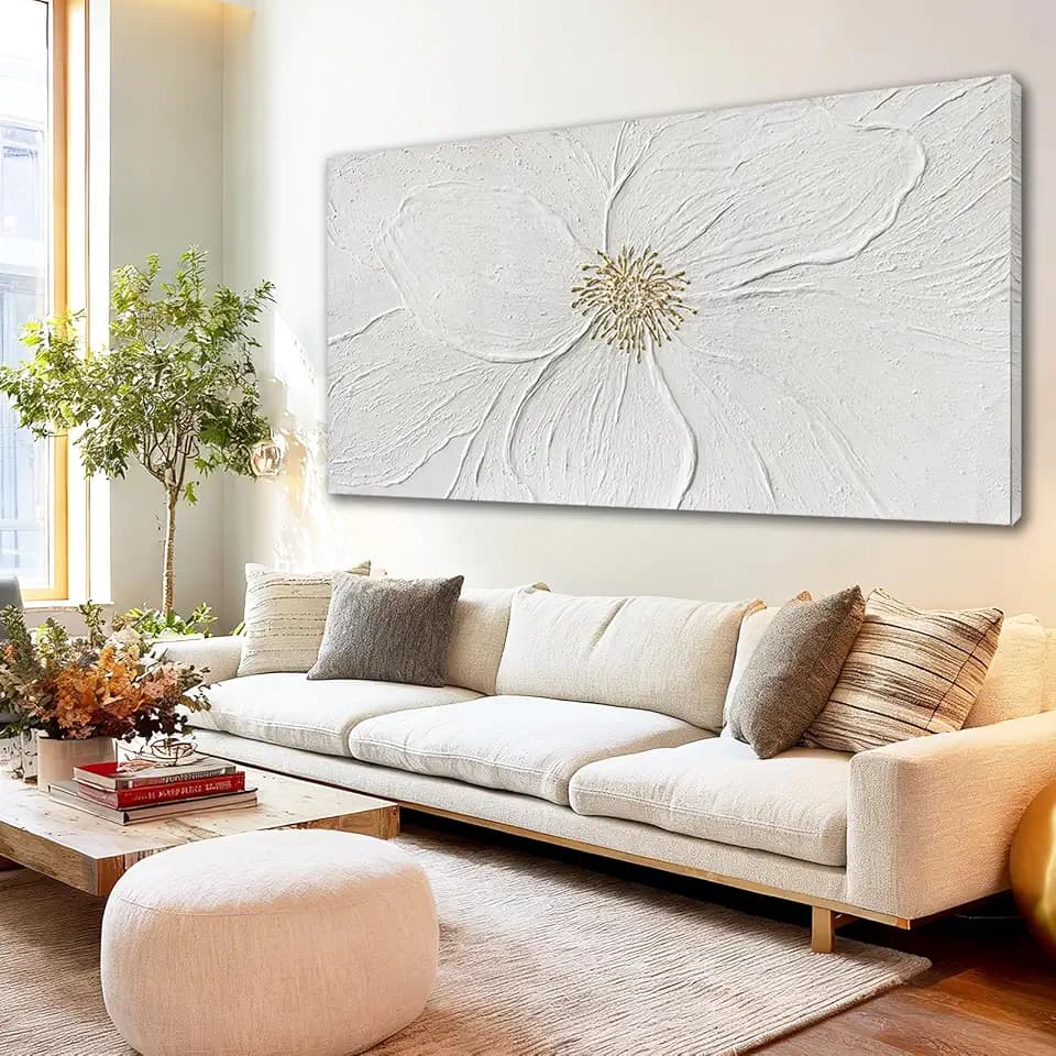 Floral Abstract Wall Art Hand Painted Ivory Beige LivingRoom 29x58 Inch