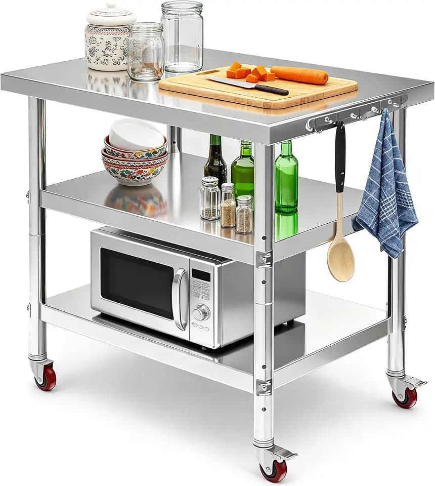 DWVO 30x24in Stainless Steel Table with Wheels & 2 Adjustable Shelves