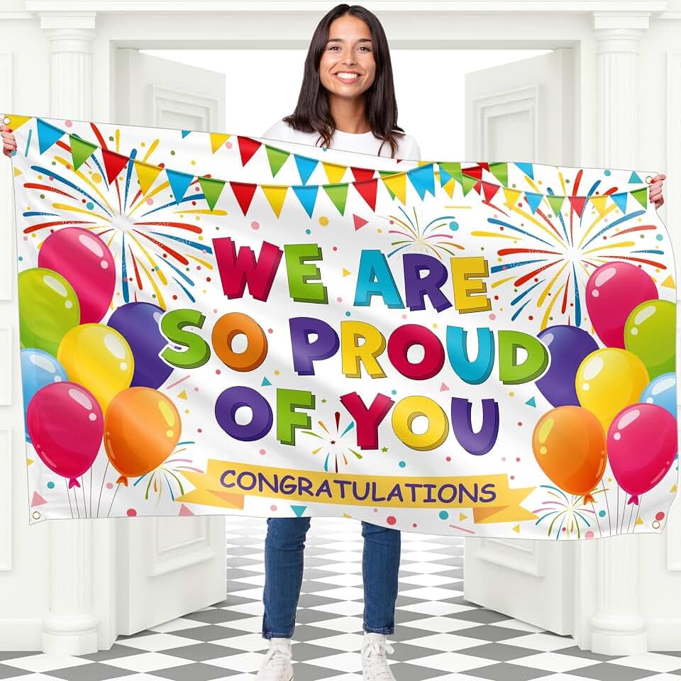 We are so Proud of You Banner - Congratulations Banner - Congrats Decorations - Graduation Banner for Prom 5ft x 3ft (White)