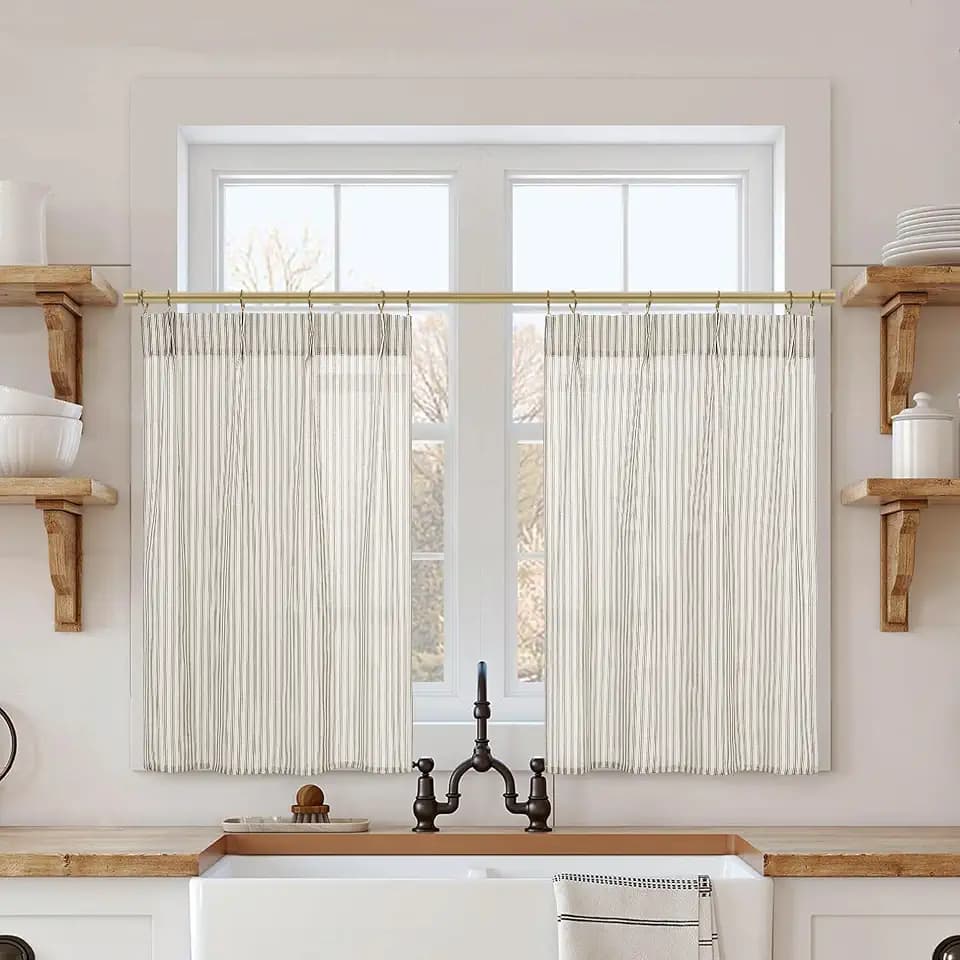 Small Window Curtains for Kitchen,Pinch Pleated Cafe Curtain 24 Inch Length,Linen Farmhouse Sheer Taupe Pinstripe Ticking Stripe Striped Curtains to Cover Cabinet Shelves,24x24 in Long