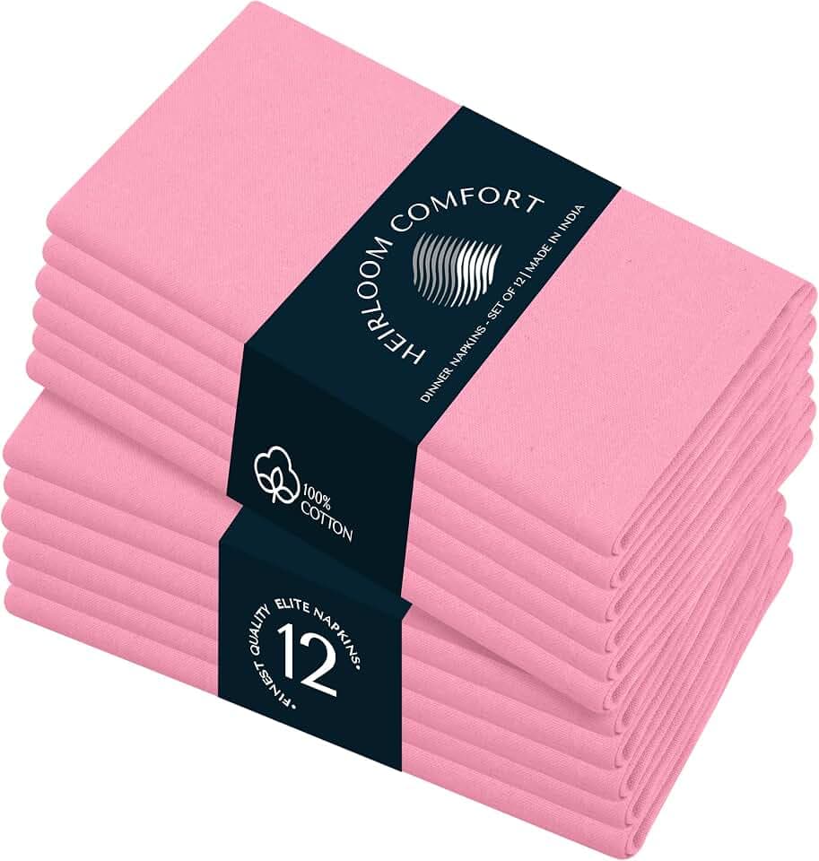 Pink Table Napkins, 17"x17" - Set of 12-100% Cotton, Durable, Absorbent, Soft, Washable - Ideal Hotel Quality Table Linen for Dinner, Rustic Weddings, Summer, Easter, Pink