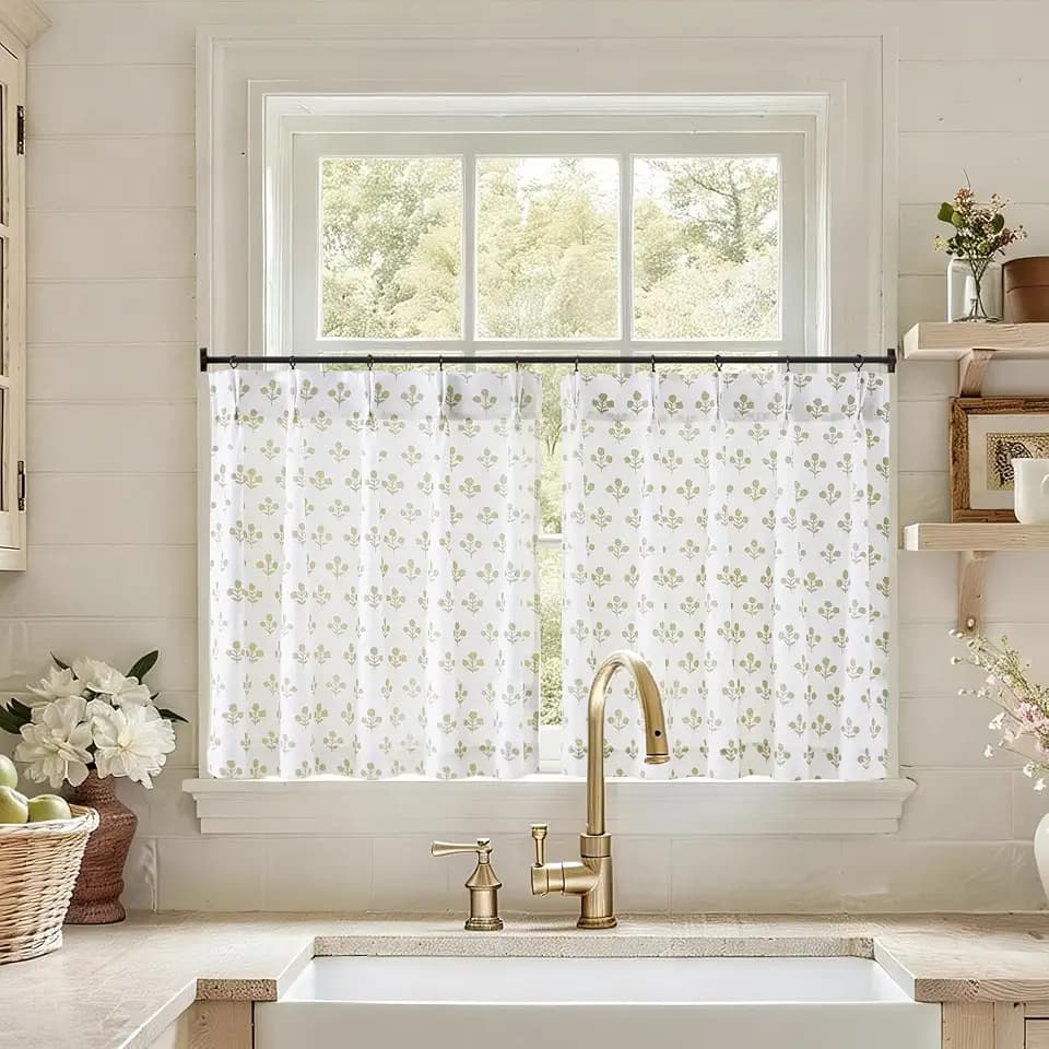 Beige Floral Cafe Curtains 40 Inch Length for Kitchen Small Window Flower Pattern Curtains