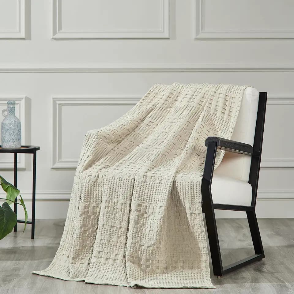 VHC Brands 100% Cotton Waffle Weave Natural Throw 50x60, Decorative Cotton Throw Blanket, Boho Farmhouse Bedroom, Living Room Decor for Bed, Couch, or Sofa