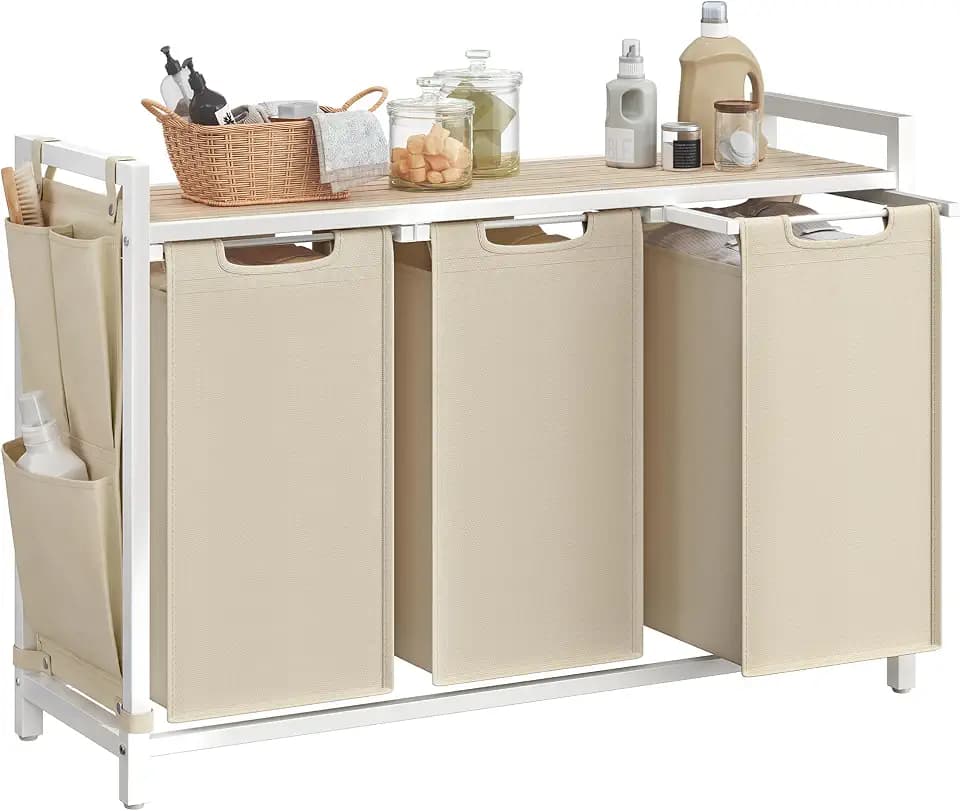 VASAGLE Laundry Hamper with Shelf, 3 Pull-Out Bags, 3 x 10.6 Gallons (40 L)
