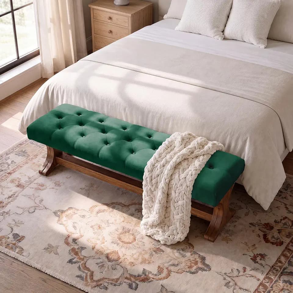 LITTLE TREE 55" Upholstered End of Bed Bench, Solid Wood Tufted Entryway Bench, Farmhouse Ottoman with Cushion for Bedroom, Foot of Bed, Living Room, Hallway, Green