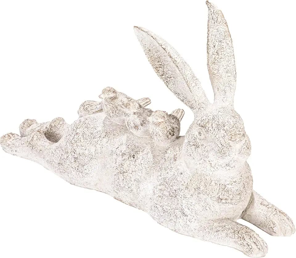 Creative Co-Op Decorative Resting Rabbit with Birds Figurine, Distressed White