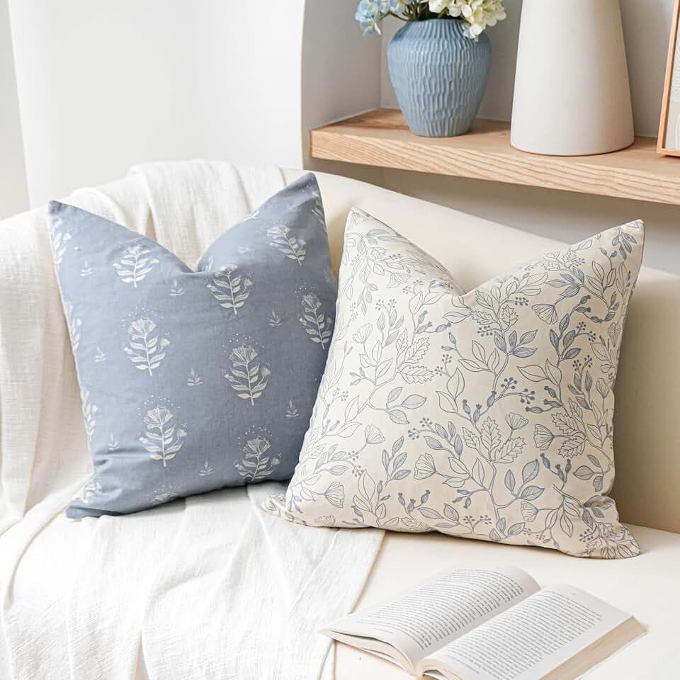 SageSelvas Floral Decorative Throw Pillow Cover 18x18 Set of 2, Farmhouse Coastal Blue Cotton Accent Throw Pillow for Couch Sofa Living Room, Cover ONLY
