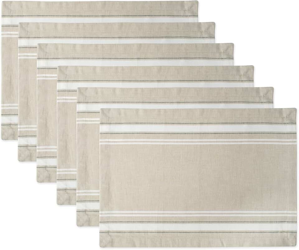 DII French Stripe Dining Table Collection Farmhouse Style Placemat Set, 13x19 Inches, Taupe/White, 6 Piece