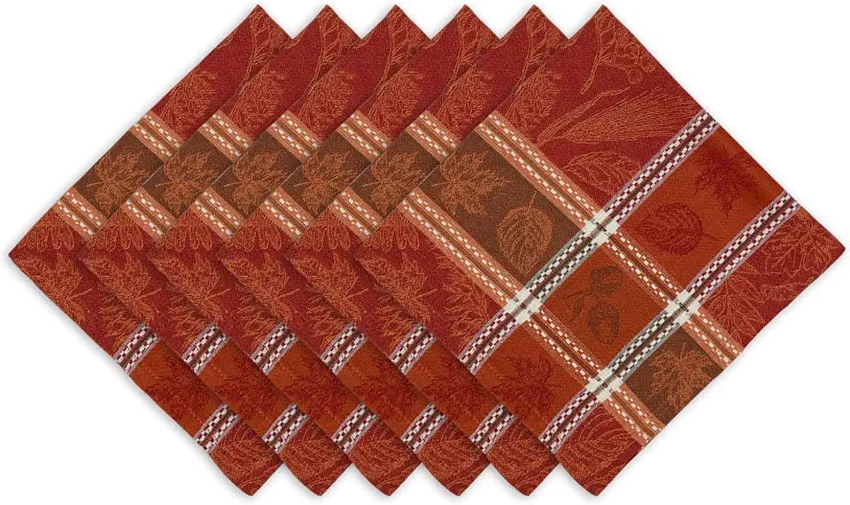 DII Traditional Harvest Wheat Jacquard Collection Thanksgiving Fall Table Décor Damask Cotton, Square Napkin Set, 20x20, Wine Red Botanical, 6 Piece
