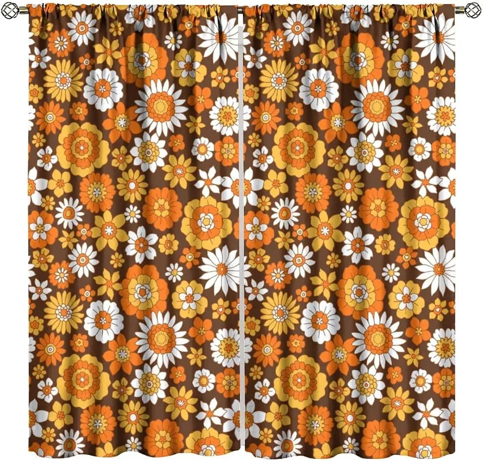 Retro 70s Groovy Curtains 1960s Hippie Floral White Orange Boho Modern Art Window Drapes for Kitchen Bedroom Home Decor Window Drapes 42" W X 45" L